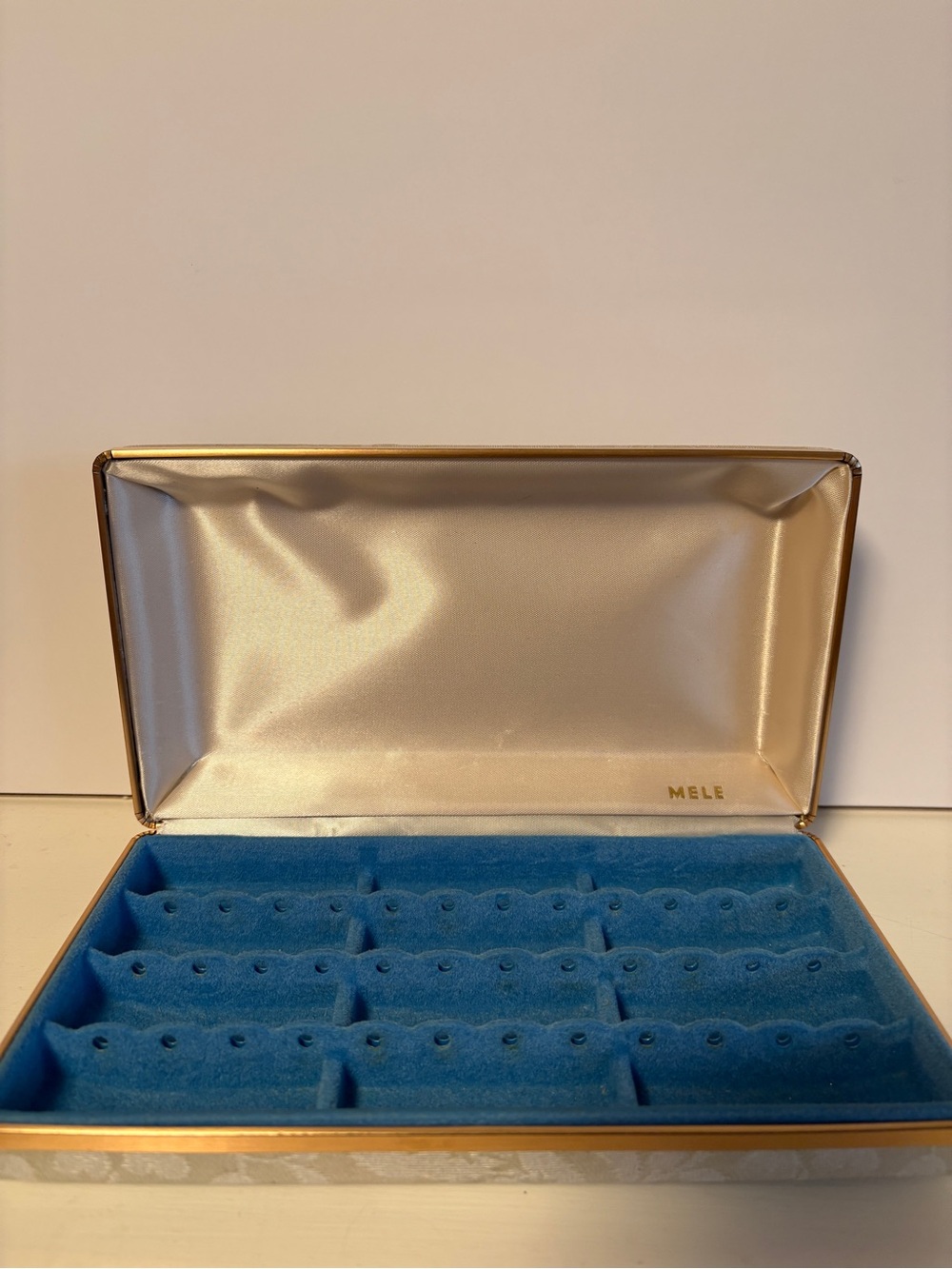 Vintage Mele & Co Blue Felt Cufflink Jewelry Box Organizer Gold Trim